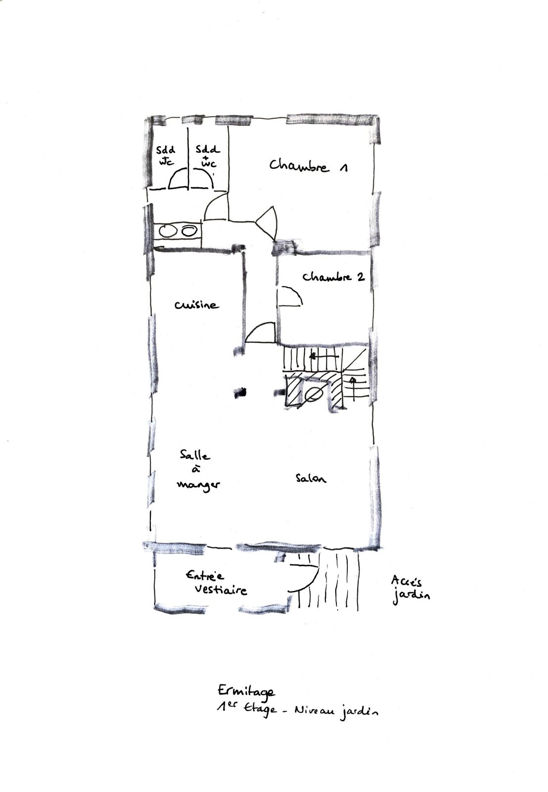 Plan du premier étage de l'Ermitage : cuisine, salon, salle-à-manger, chambres 1 et 2.
