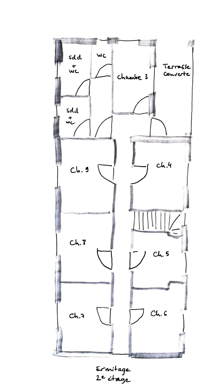 Plan du deuxième étage de l'Ermitage : chambres 3 à 9, terrasse couverte.