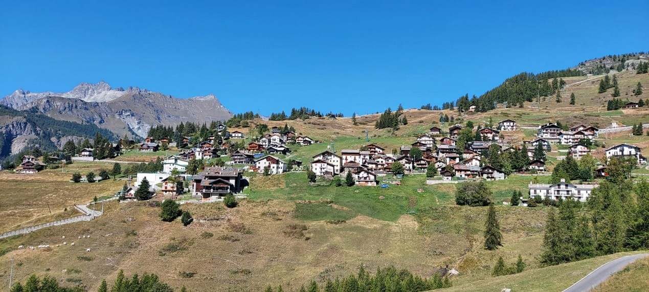 Le village de Chamois vu depuis les hauteurs, maisons traditionnelles et prairies.